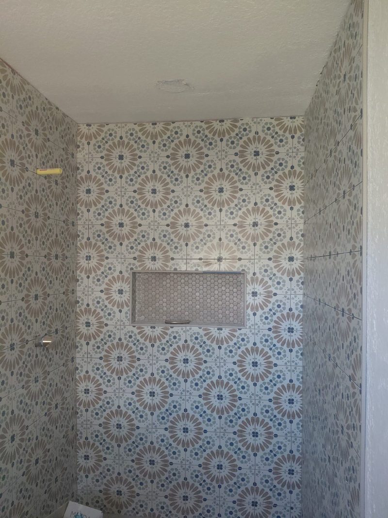 Patterned encaustic-look tile shower